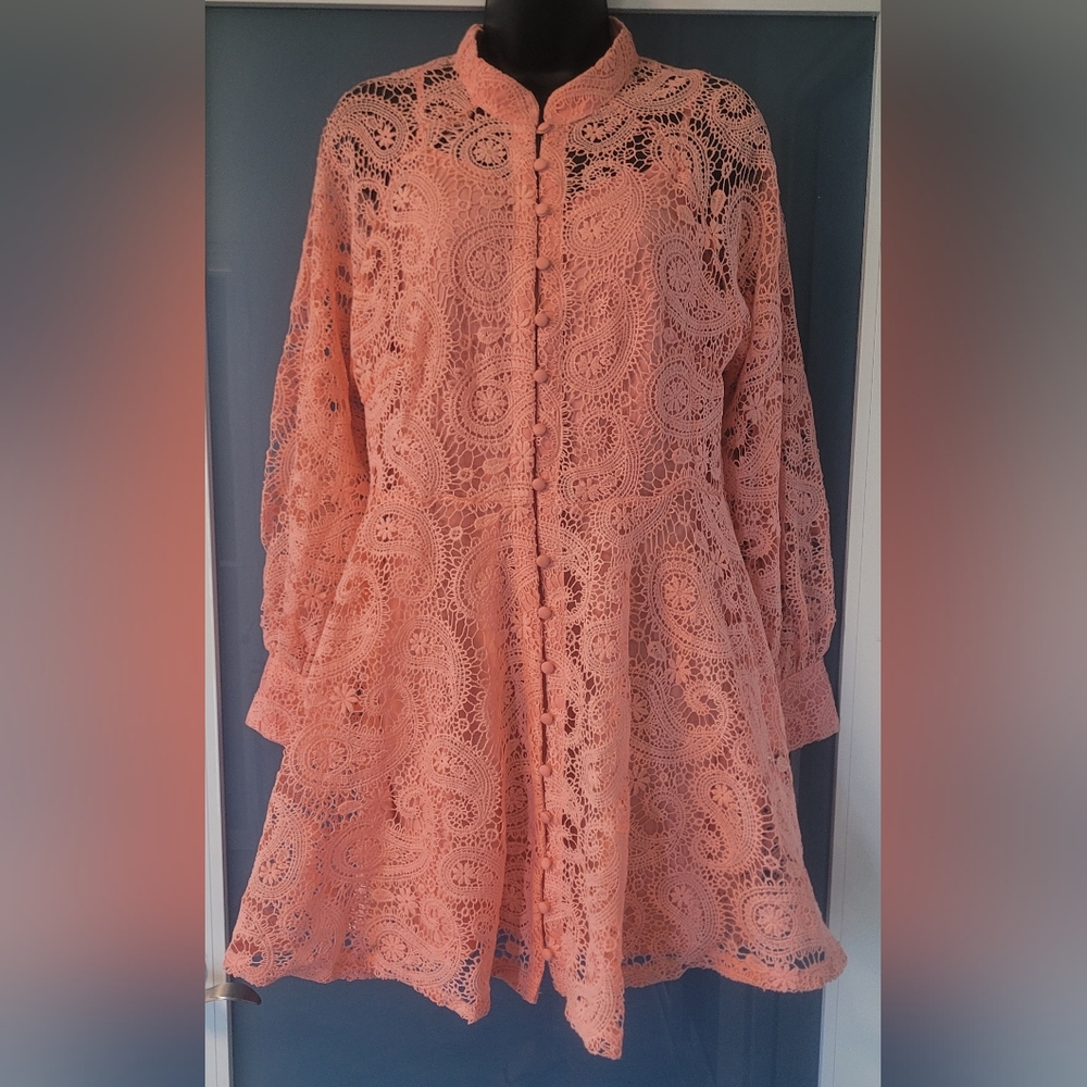 DRESS Peach Crochet Lace Button-Front Tunic SIZE L - Picture 7 of 17